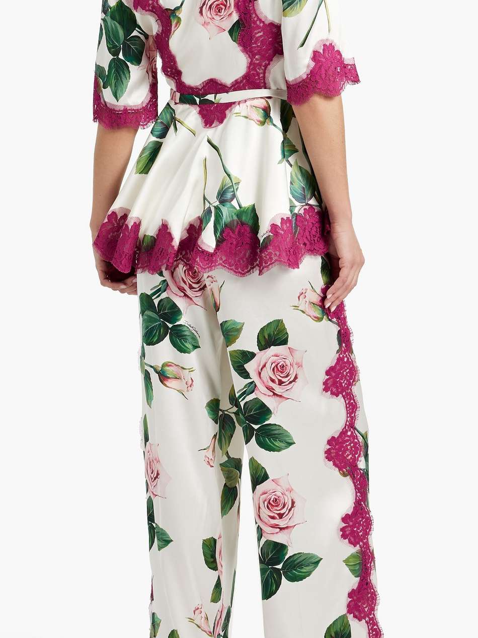 lace-trimmed floral-print silk-blend satin wrap top