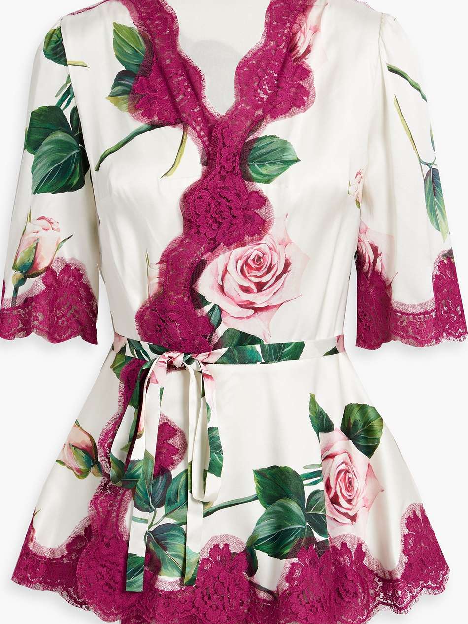 lace-trimmed floral-print silk-blend satin wrap top