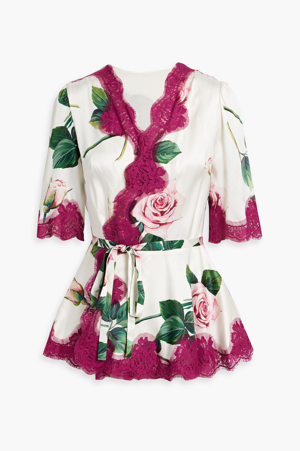 Dolce & Gabbana Lace-trimmed Floral-print Silk-blend Satin Wrap Top In Pink