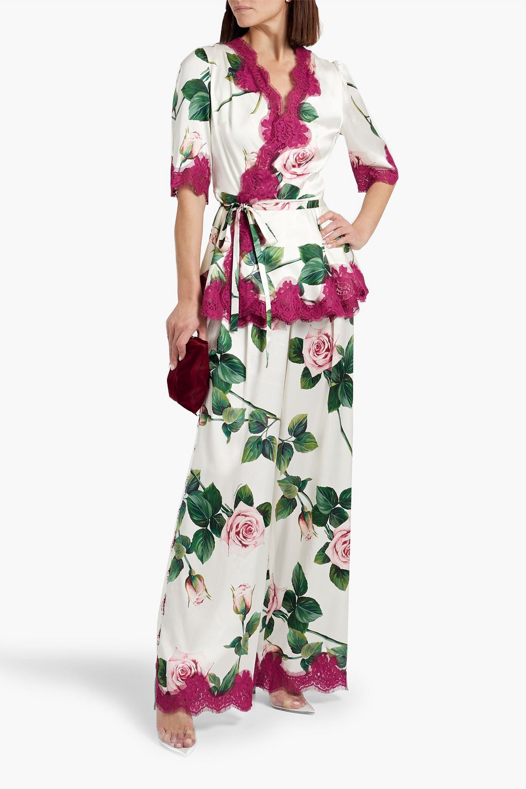DOLCE&GABBANA Lace-trimmed floral-print silk-blend satin wrap top