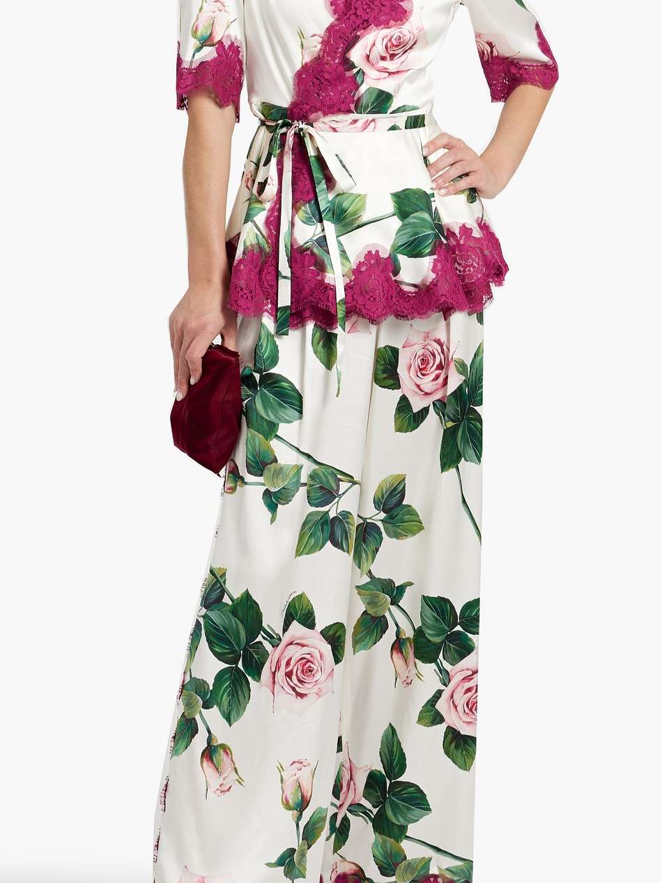 lace-trimmed floral-print silk-blend satin wrap top