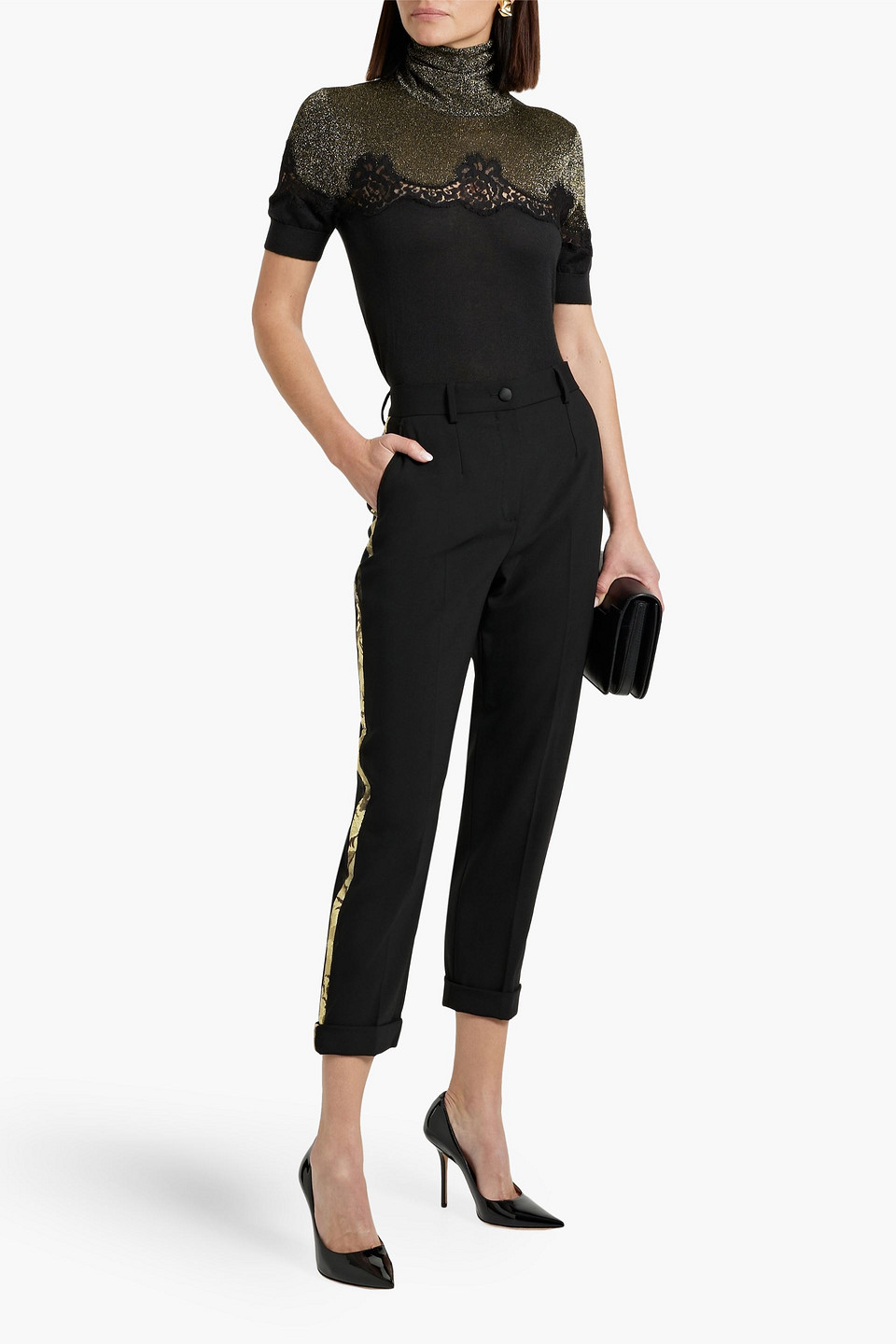 Shop Dolce & Gabbana Cropped Wool-blend Crepe Tapered Pants In Black