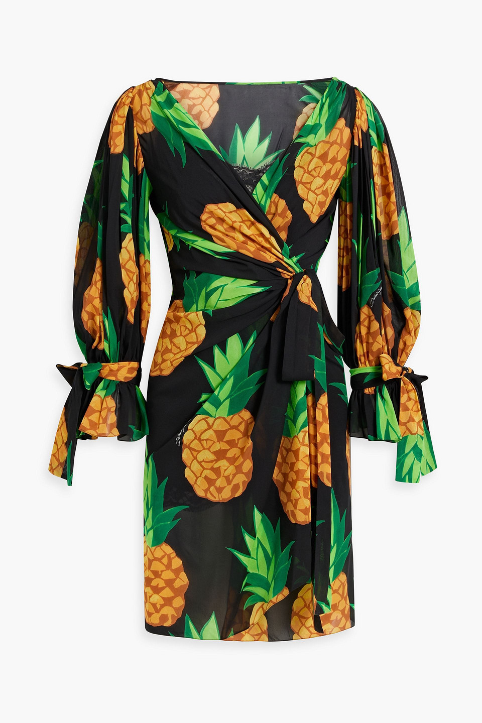 Dolce & Gabbana Black Ananas Print Wrap Stretch Silk Dress In Black