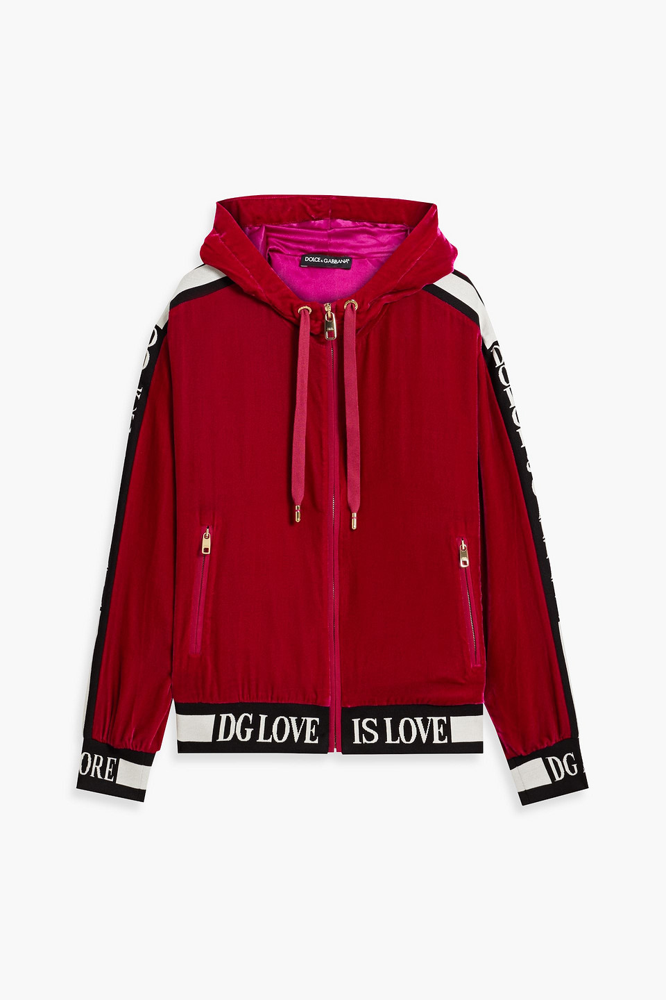 Shop Dolce & Gabbana Velvet Hooded Track Jacket In Crimson