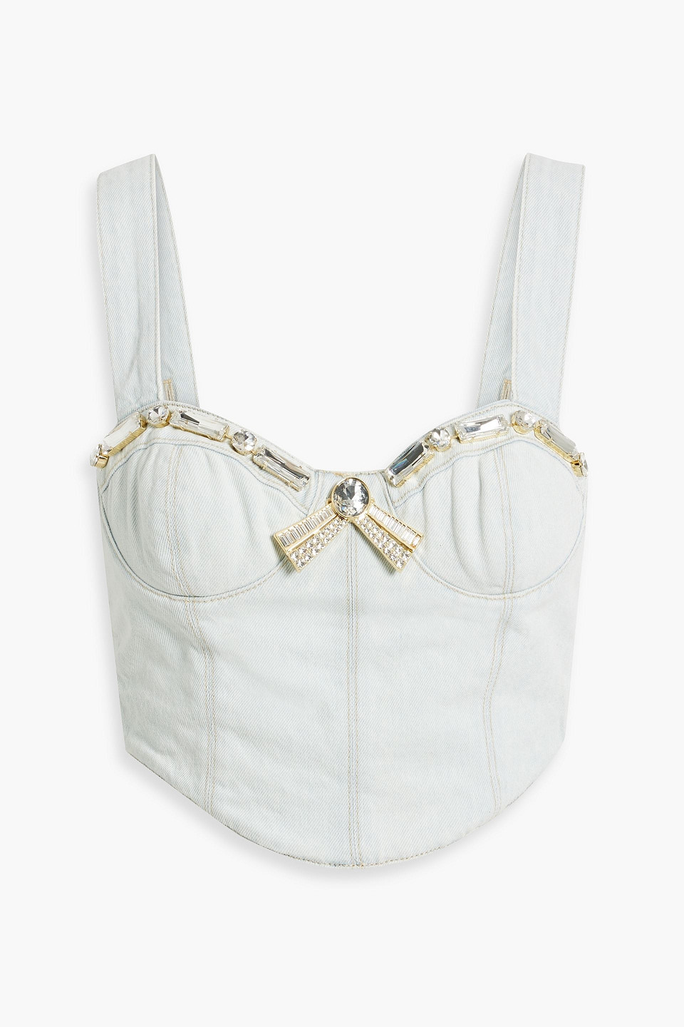 Area Crystal Trim Denim Bustier Top In Pale Blue