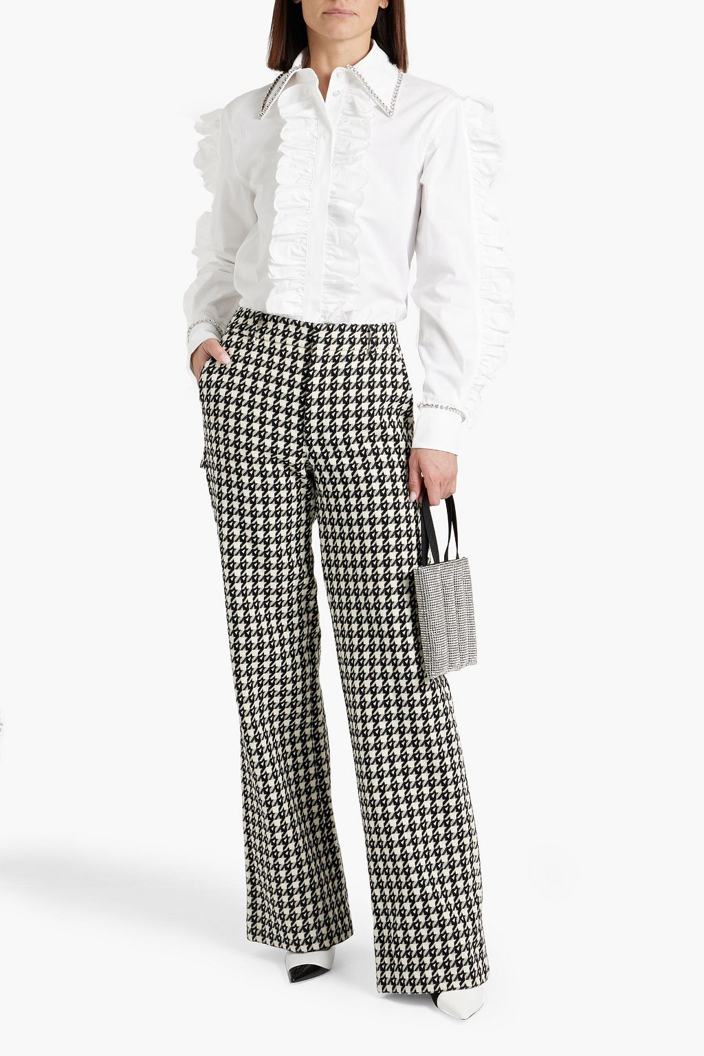 AREA Crystal-embellished ruffled cotton-poplin shirt