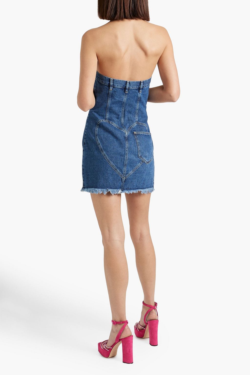 AREA Strapless floral-appliquéd denim mini dress