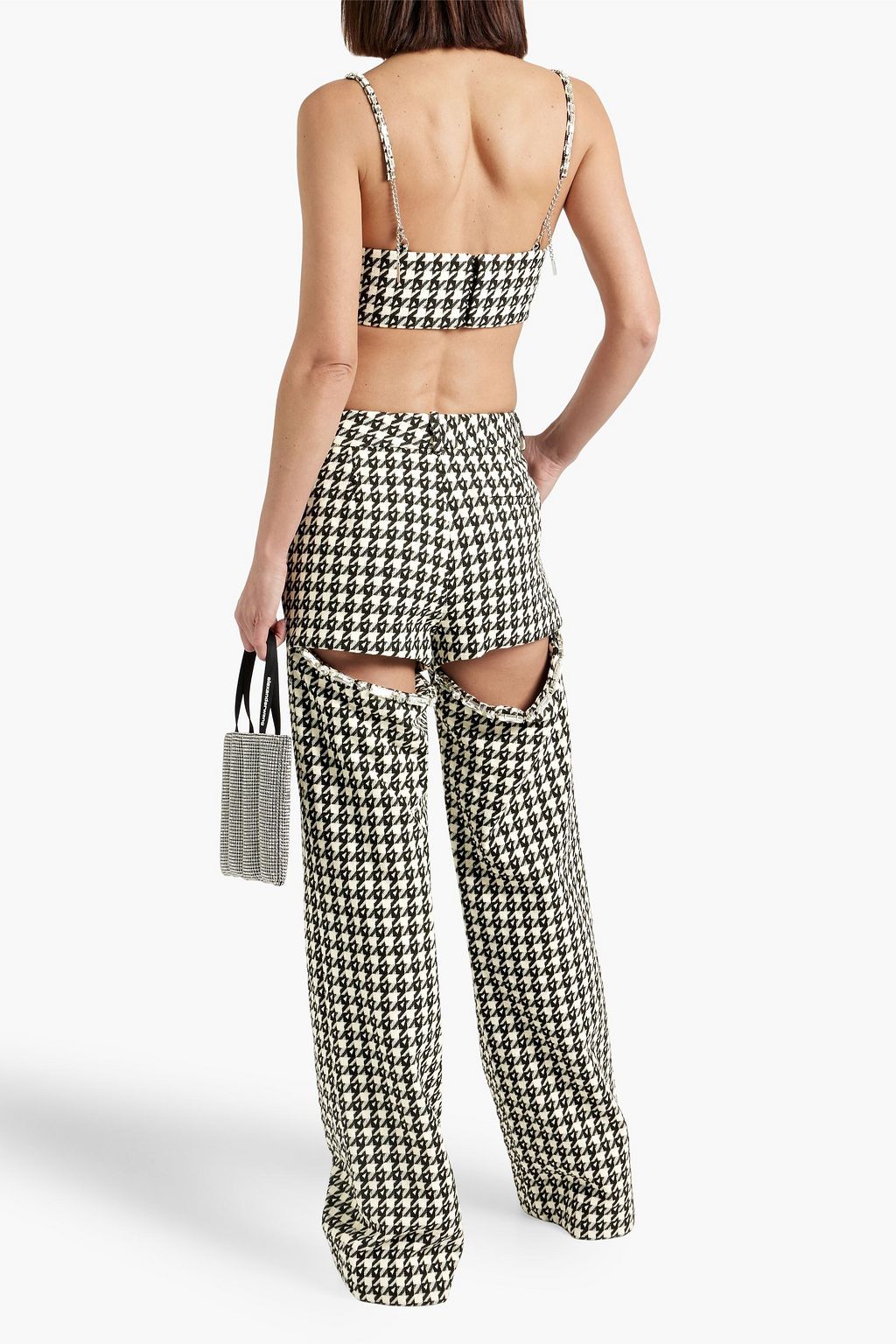 AREA Cropped houndstooth wool-blend tweed top