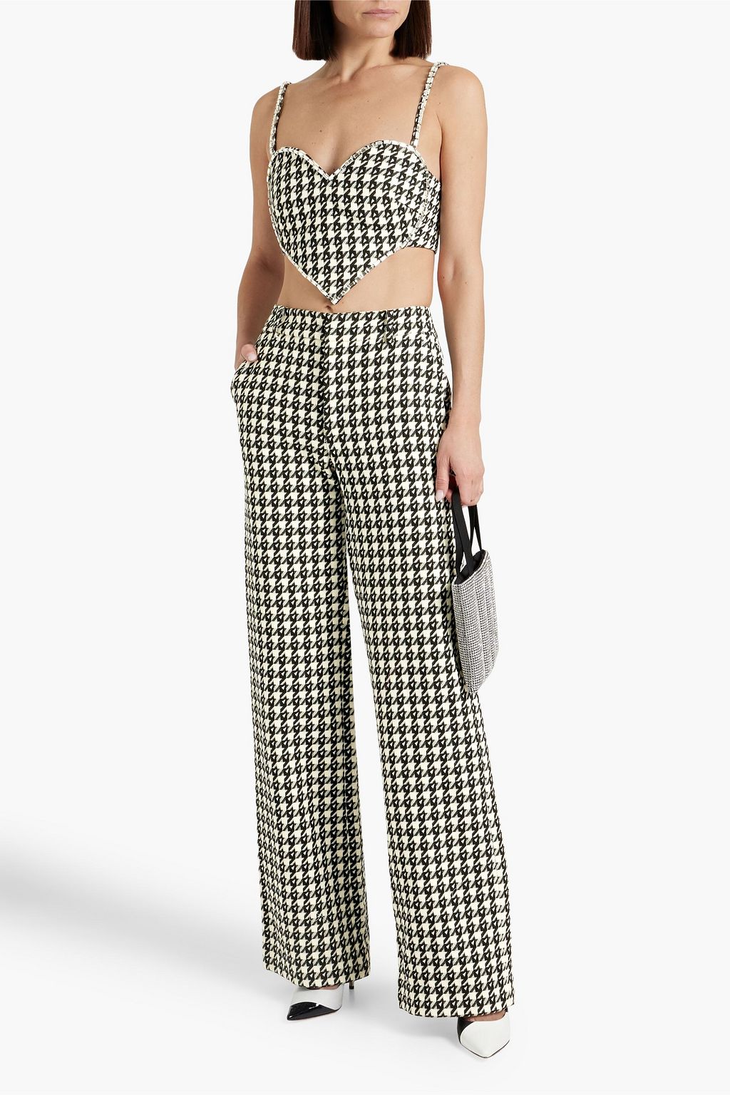 AREA Cropped houndstooth wool-blend tweed top