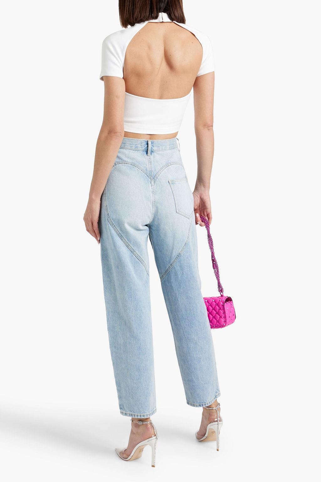 AREA Cropped cutout crystal-embellished jersey top