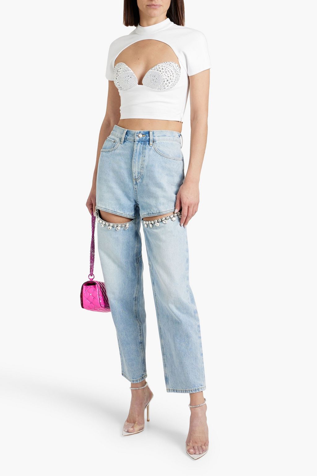 AREA Cropped cutout crystal-embellished jersey top