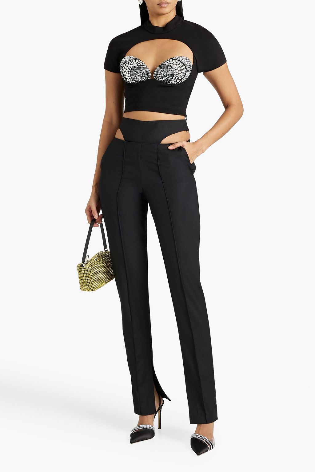 AREA Cropped cutout crystal-embellished jersey top