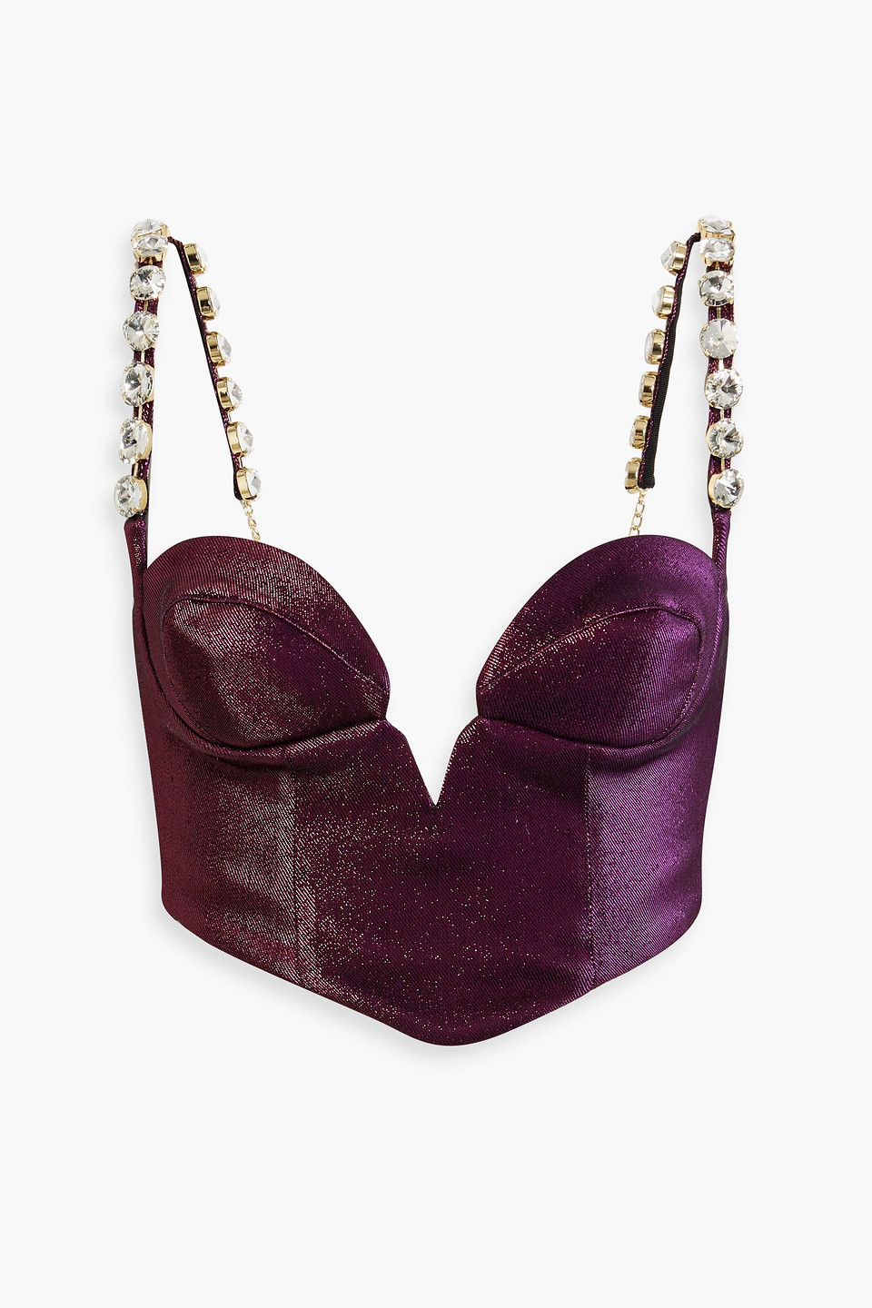 Shop Area Cropped Crystal-embellished Lamé Bustier Top In Plum