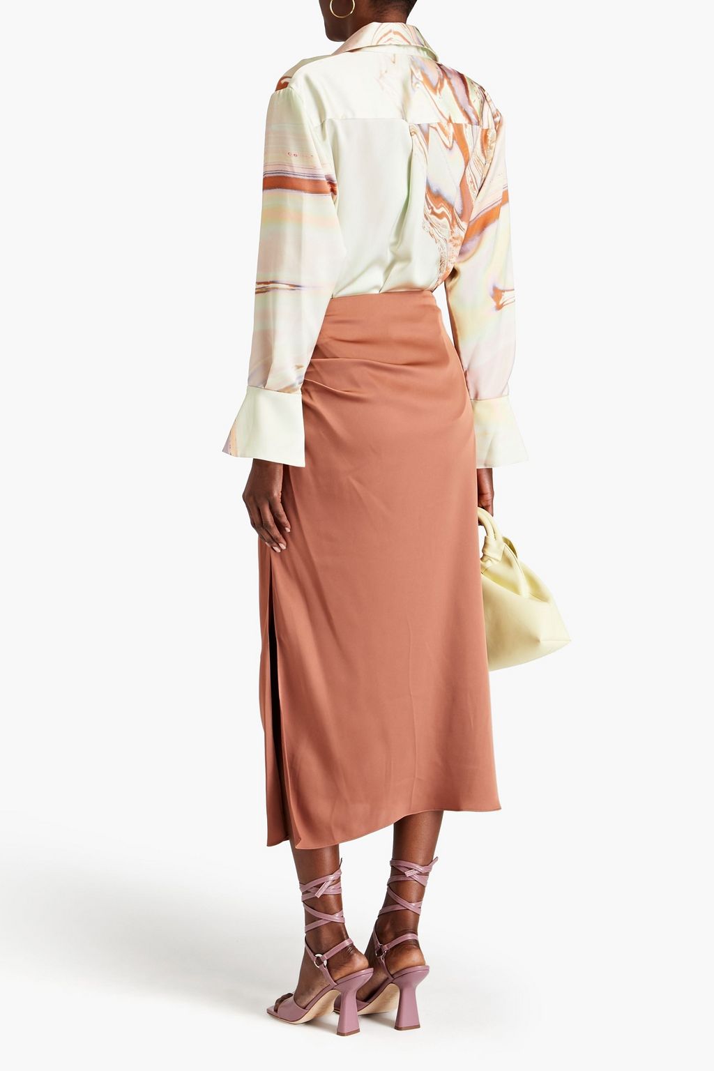 SIMKHAI Ruched draped satin midi skirt