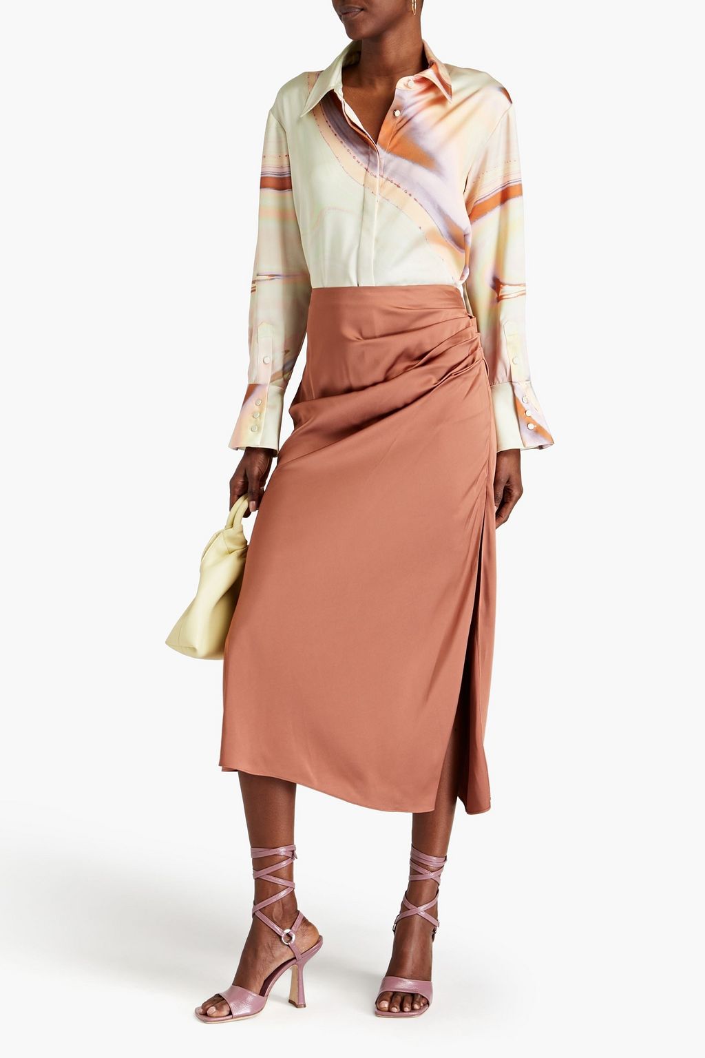 SIMKHAI Ruched draped satin midi skirt