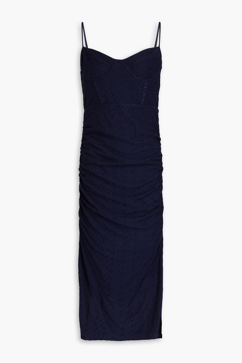 Simkhai Moira Ruched Broderie Anglaise Midi Dress In Navy