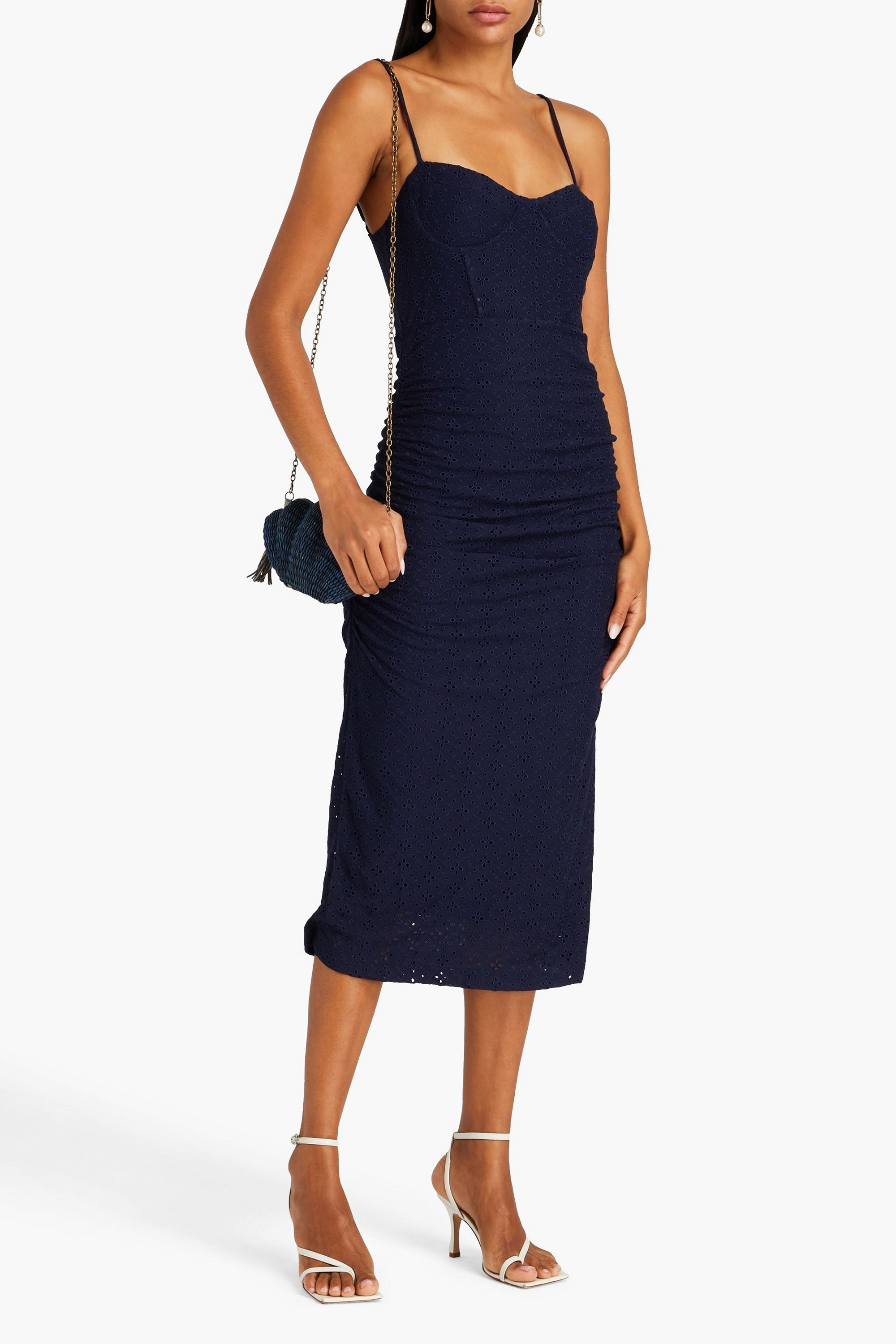 SIMKHAI Moira ruched broderie anglaise midi dress