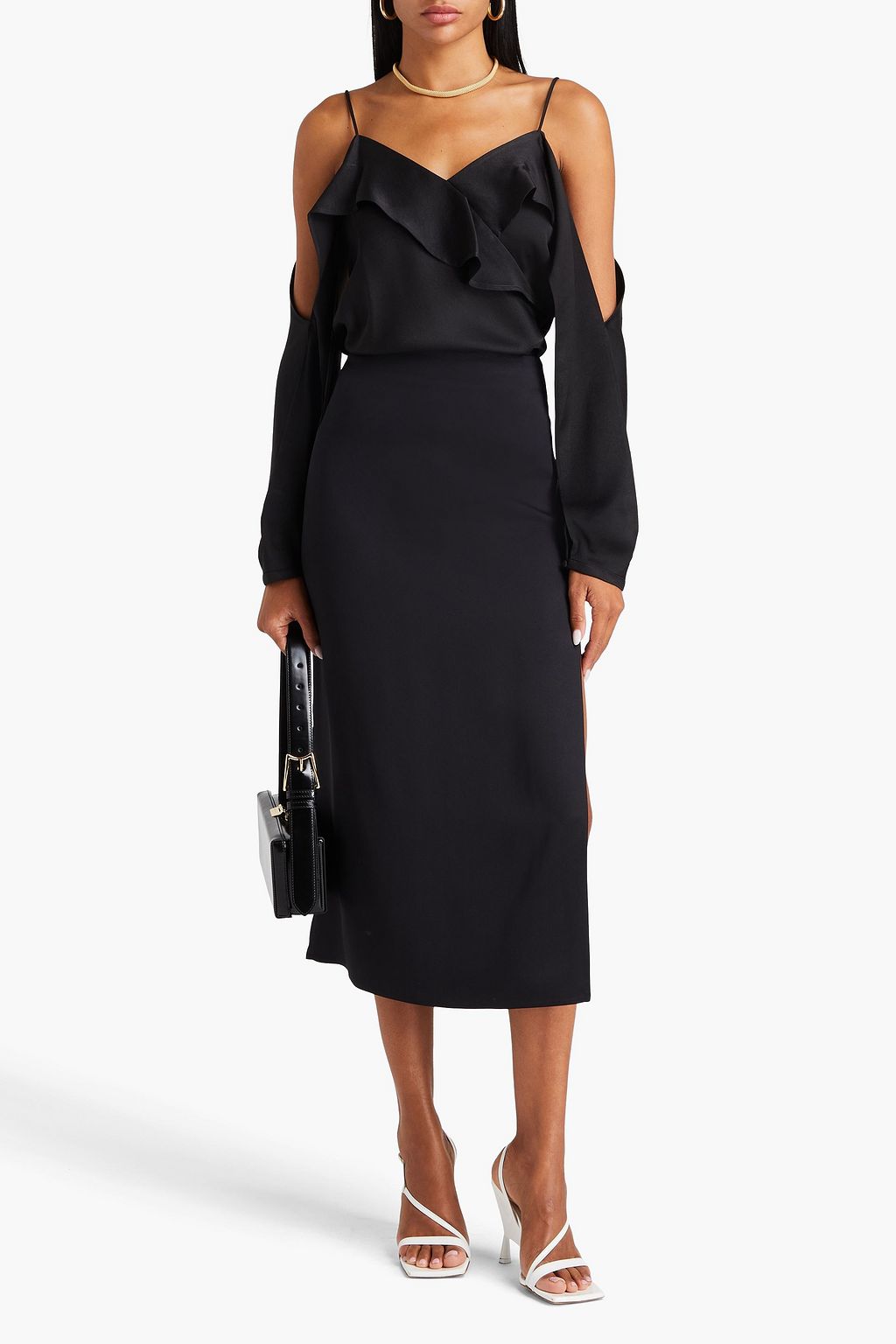 SIMKHAI Diane cold-shoulder ruffled satin-crepe top