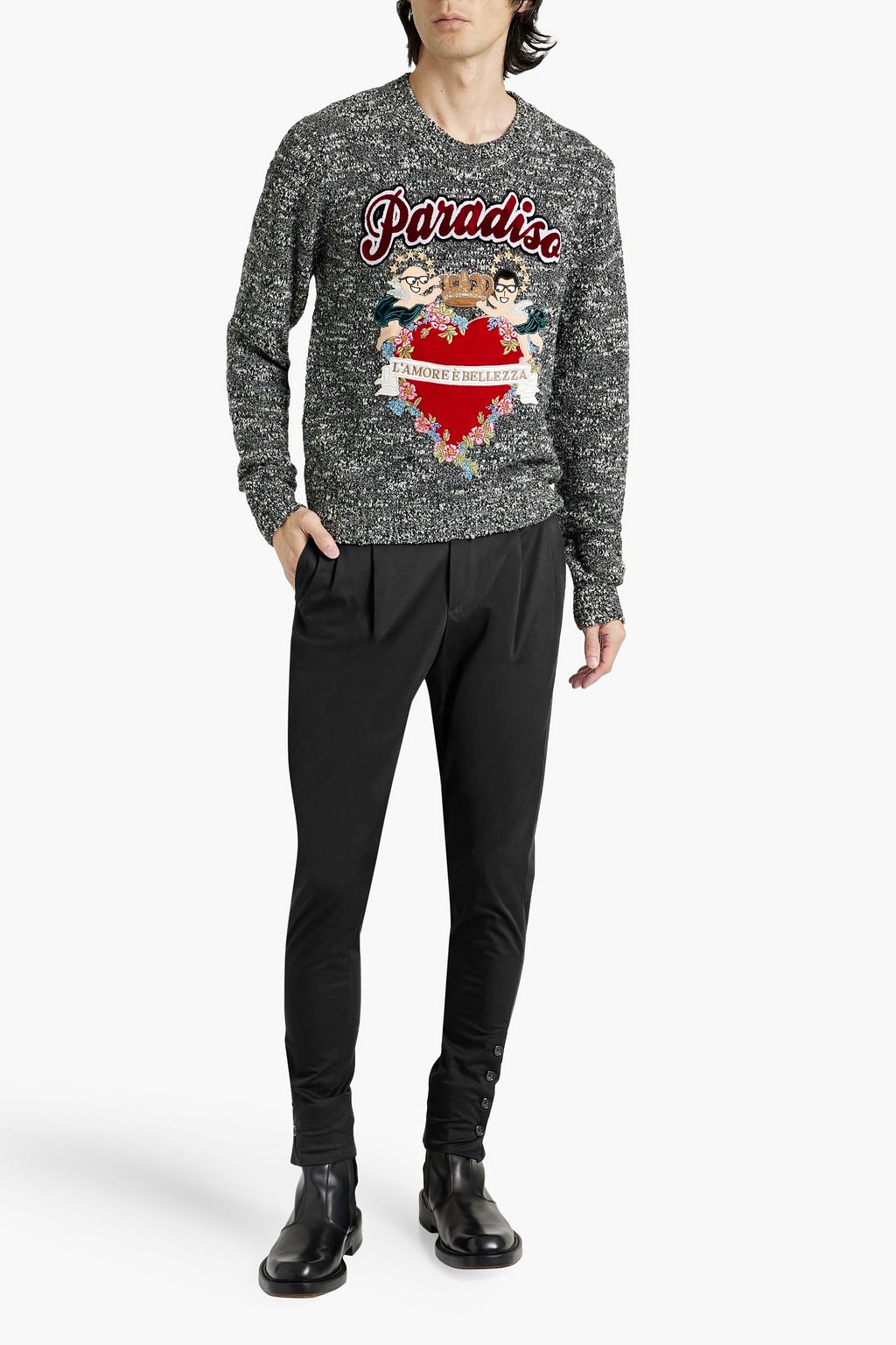 DOLCE&GABBANA Appliquéd bouclé-knit wool-blend sweater