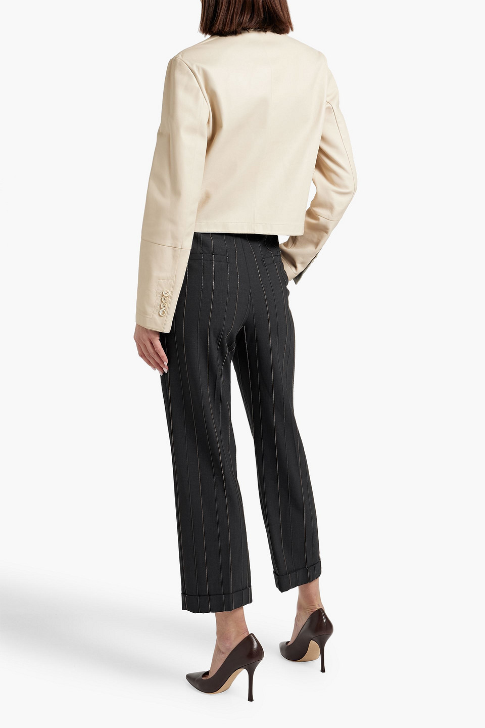 Shop Brunello Cucinelli Bead-embellished Striped Wool-blend Straight-leg Pants In Black