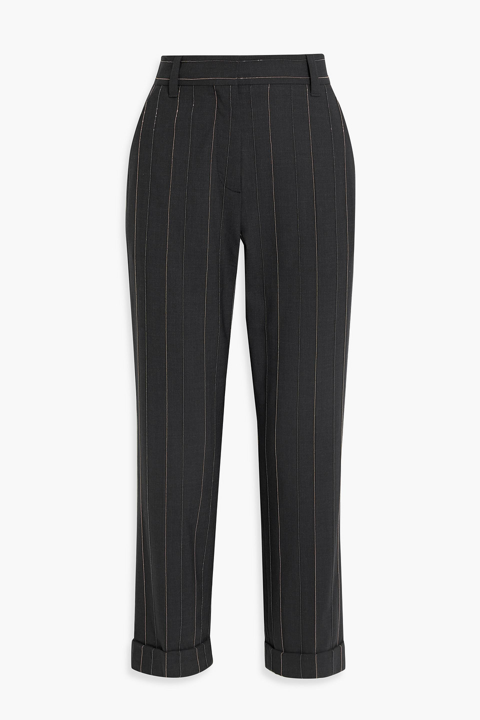 Brunello Cucinelli Bead-embellished Striped Wool-blend Straight-leg Pants In Black