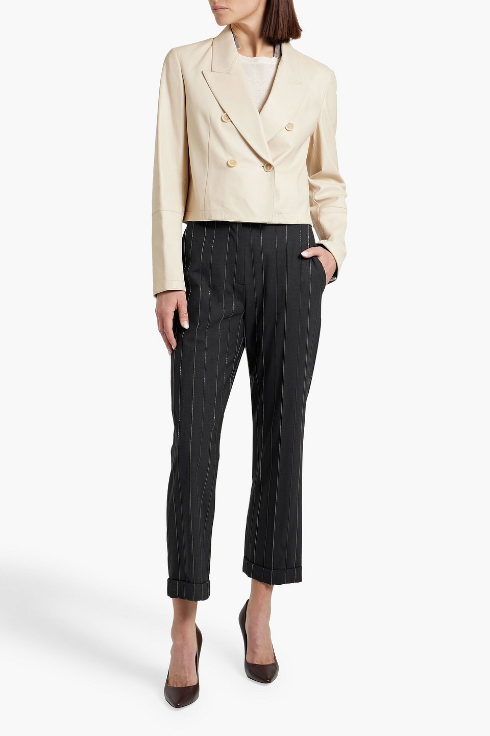 Shop Brunello Cucinelli Bead-embellished Striped Wool-blend Straight-leg Pants In Black