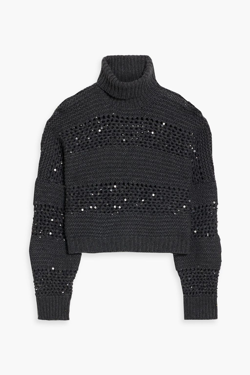Sequin embellished open knit cashmere turtleneck sweater