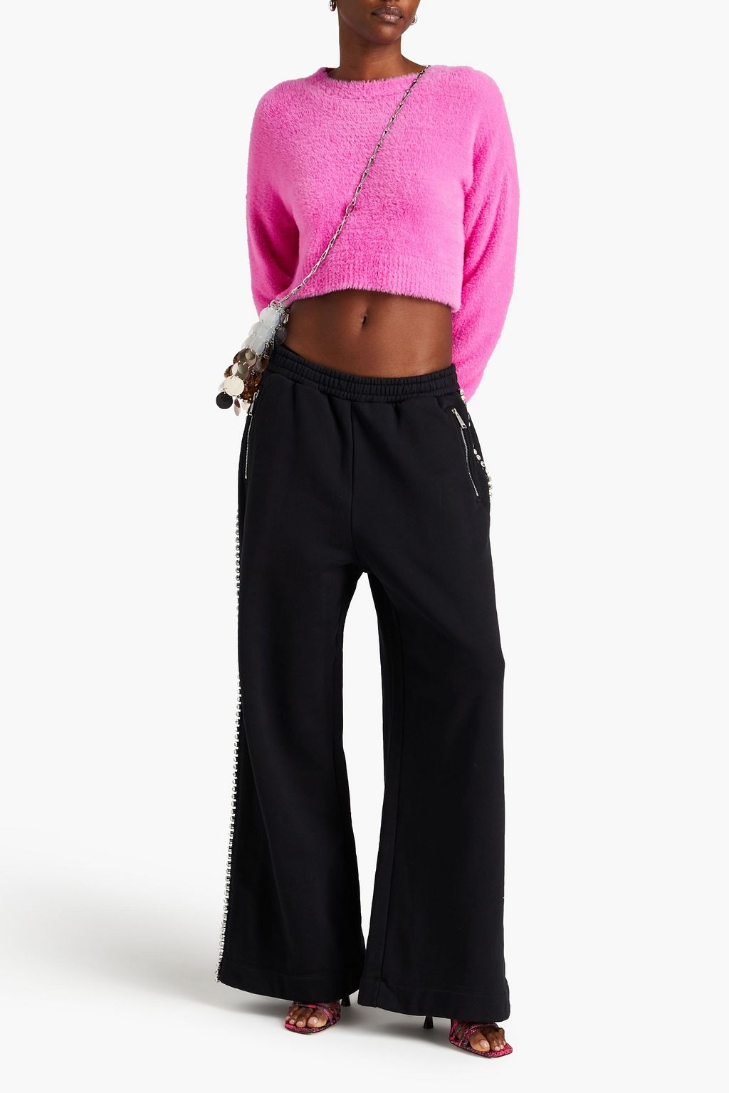 AREA Crystal-embellished French cotton-terry track pants