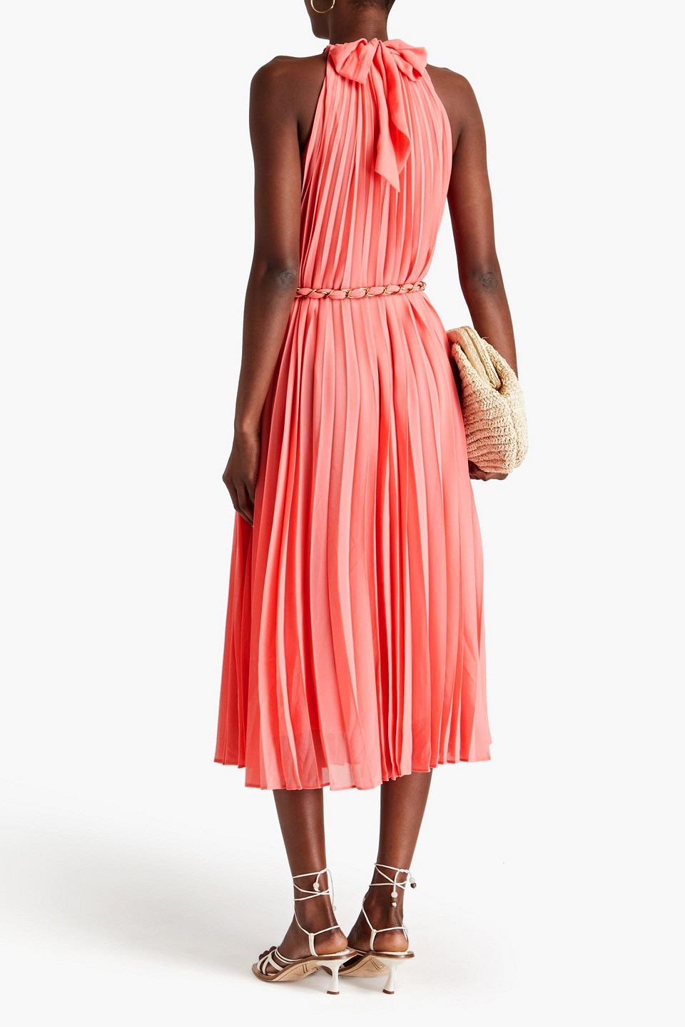 Shop Zimmermann Chain-embellished Pleated Georgette Halterneck Midi Dress In Coral