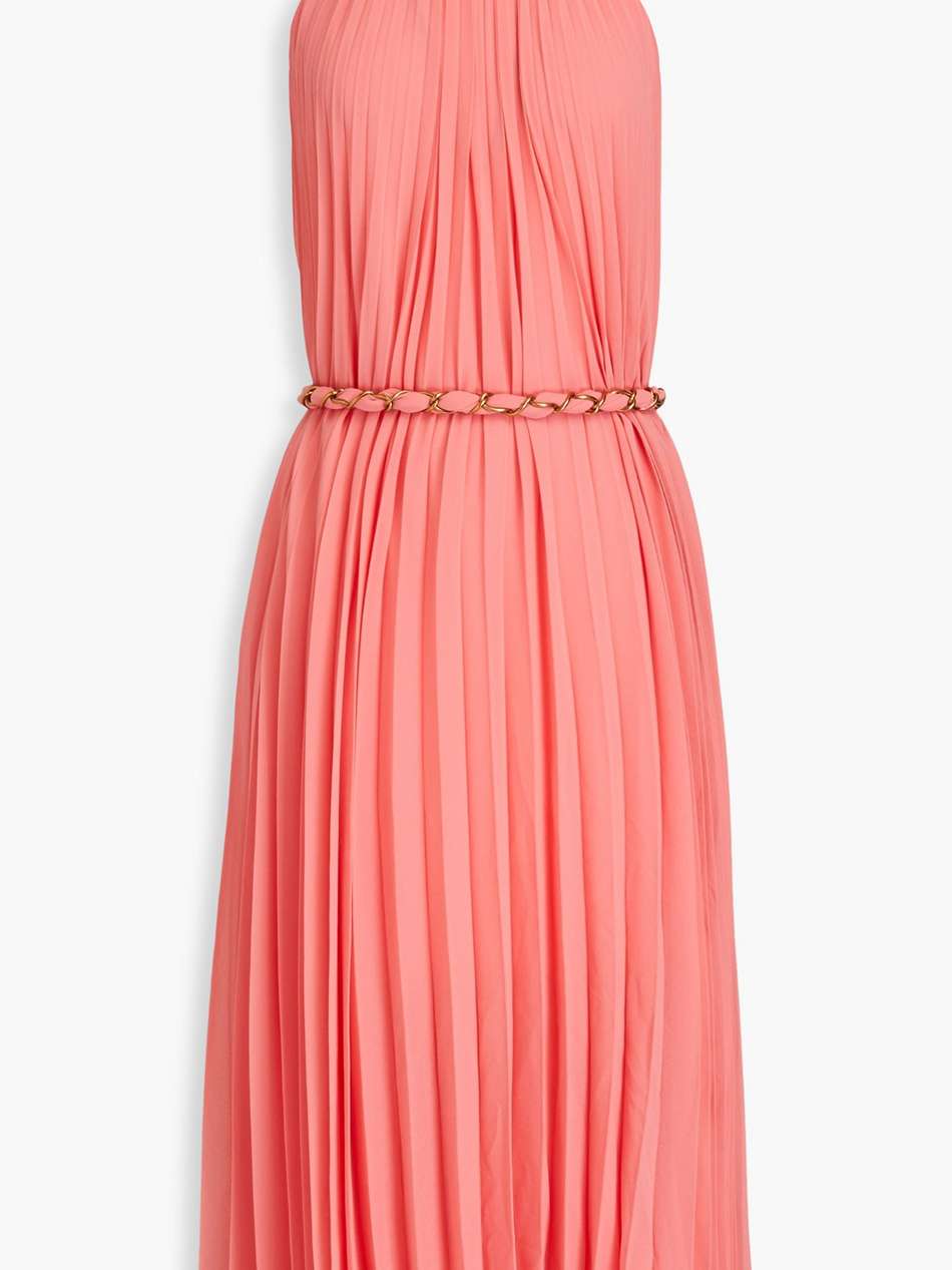 chain-embellished pleated georgette halterneck midi dress