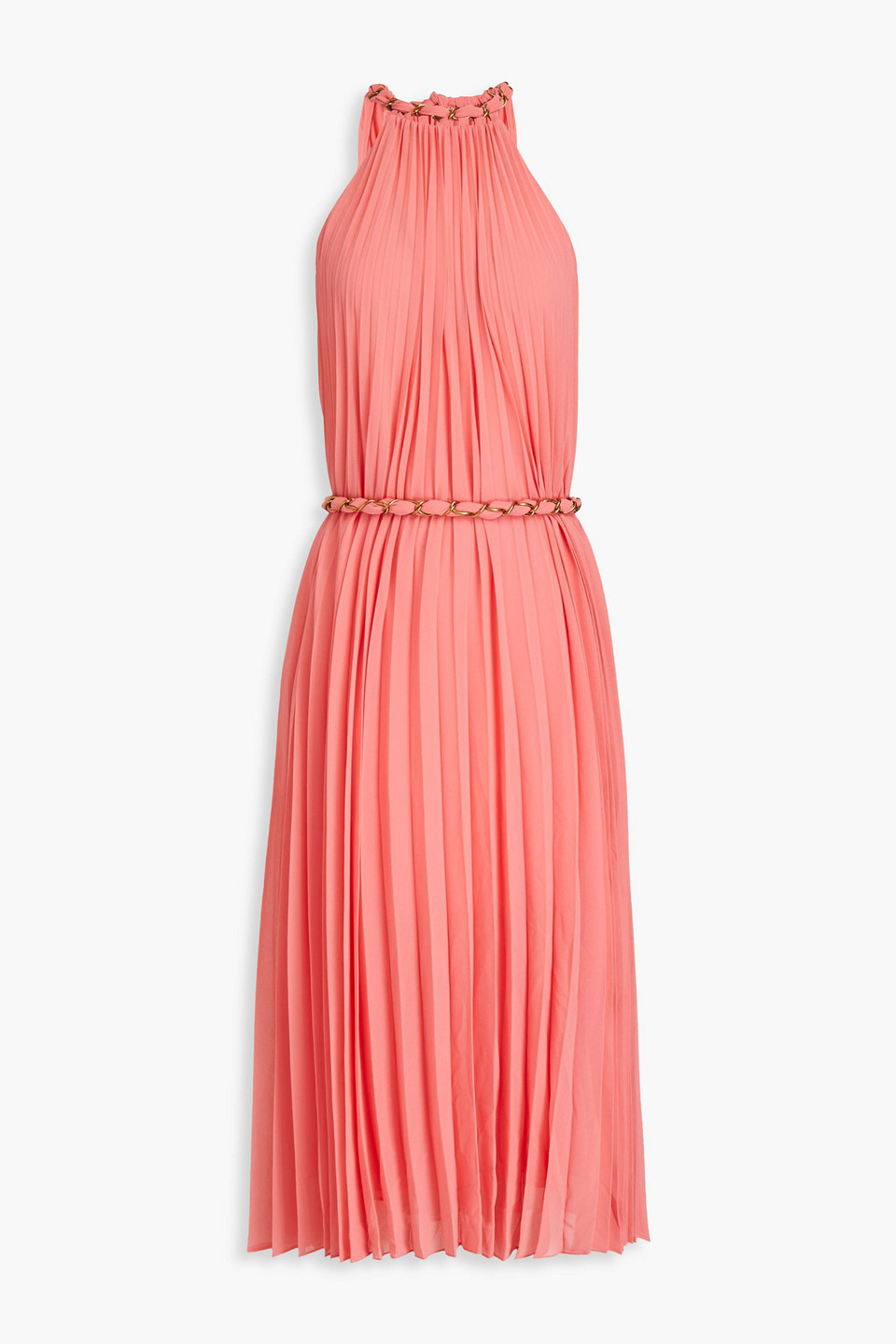 Zimmermann Chain-embellished Pleated Georgette Halterneck Midi Dress In Coral