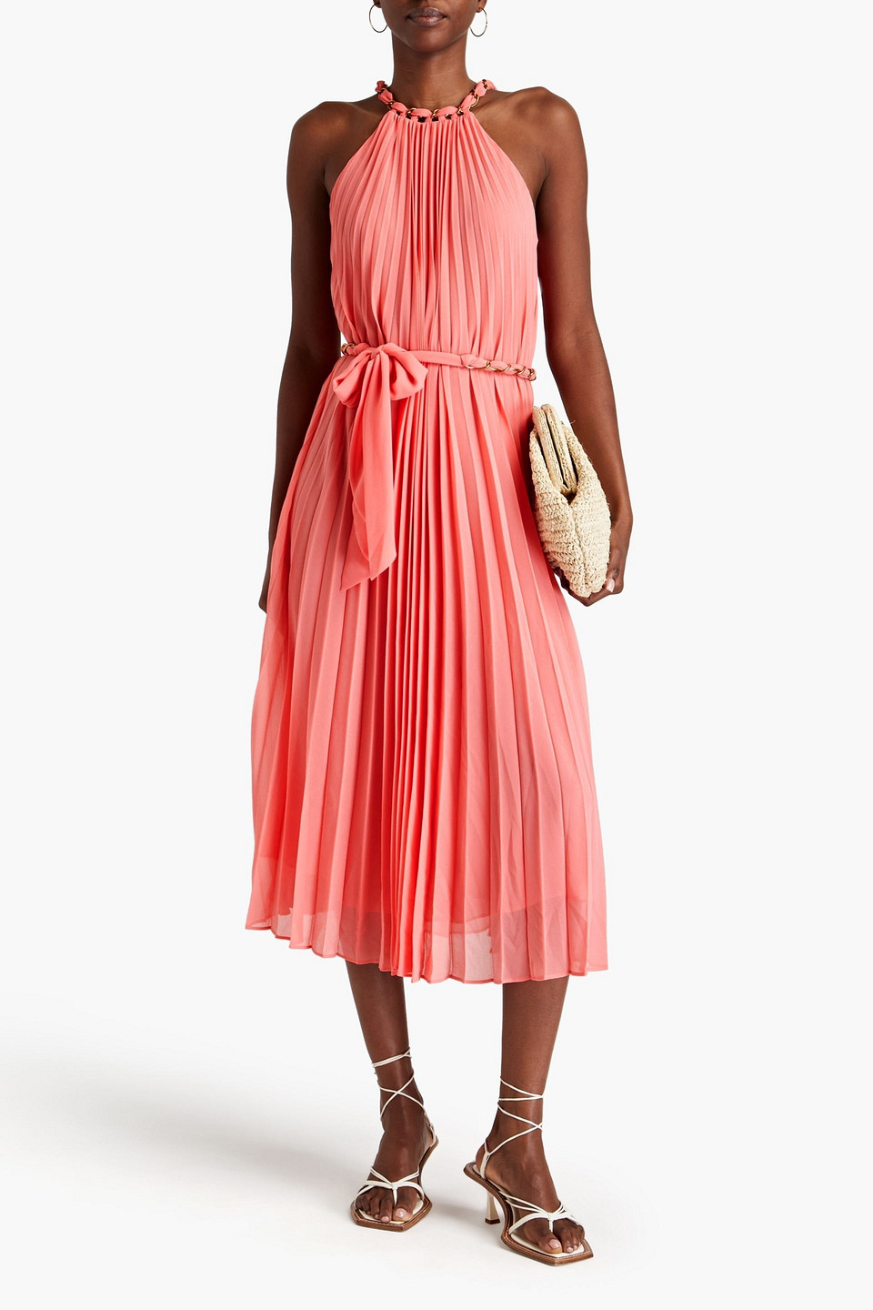 Shop Zimmermann Chain-embellished Pleated Georgette Halterneck Midi Dress In Coral