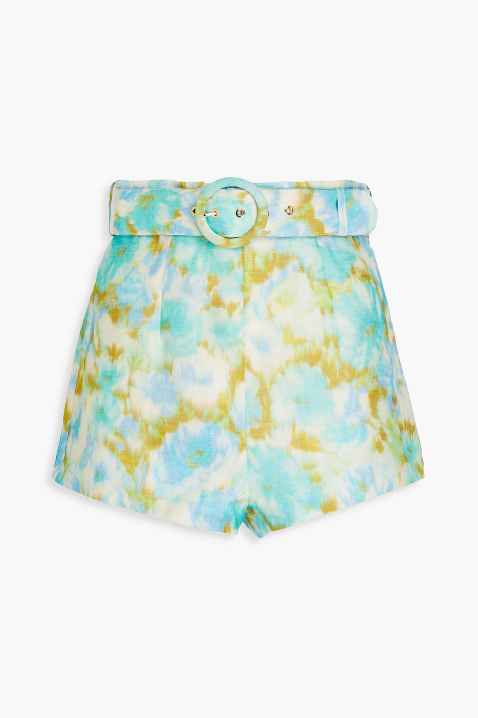 Shop Zimmermann Belted Floral-print Linen And Silk-blend Shorts In Turquoise