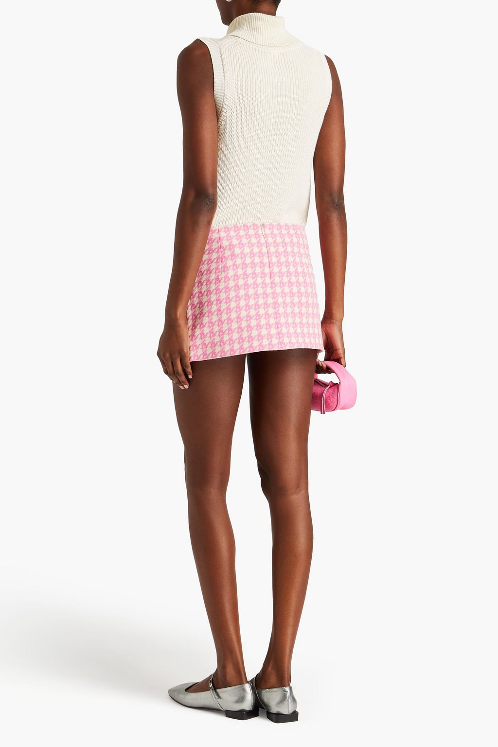 AREA Embellished houndstooth wool-blend tweed mini skirt