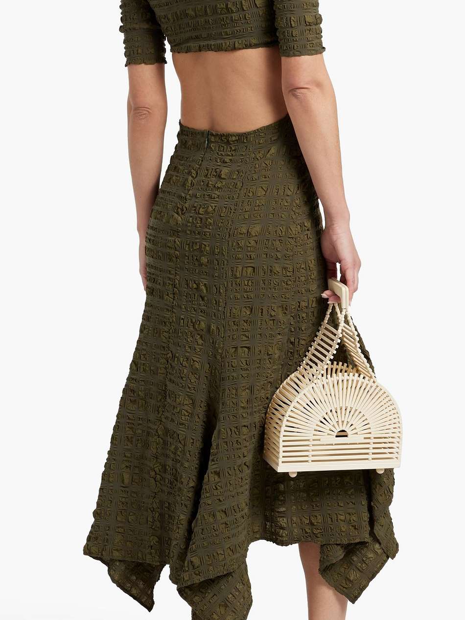 tris off-the-shoulder cutout cloqué midi dress