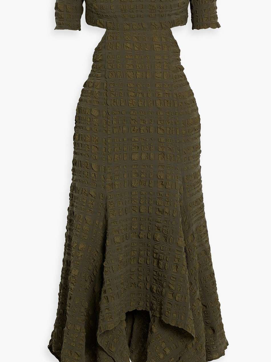 tris off-the-shoulder cutout cloqué midi dress