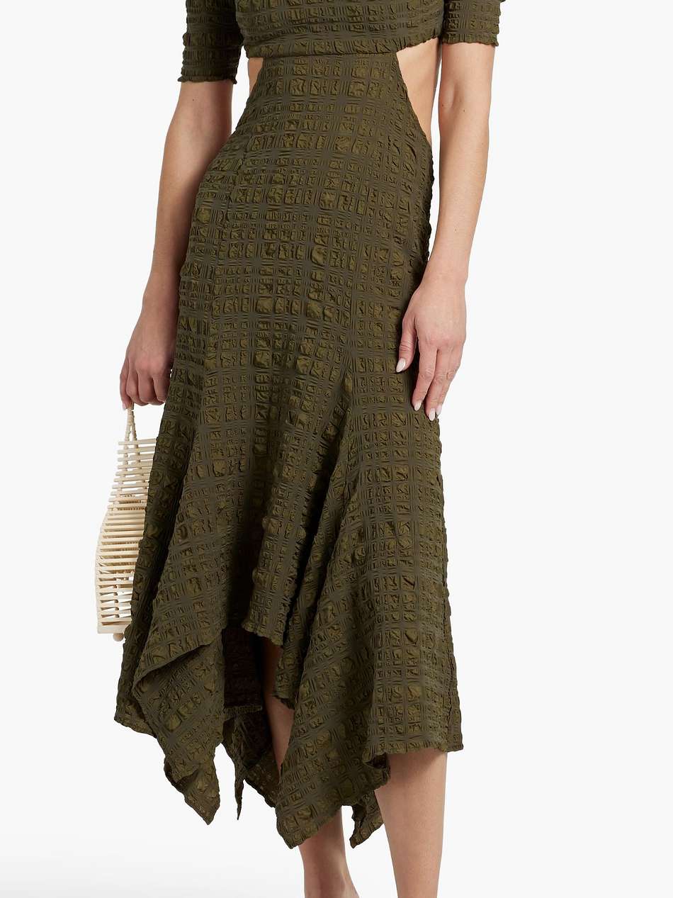 tris off-the-shoulder cutout cloqué midi dress