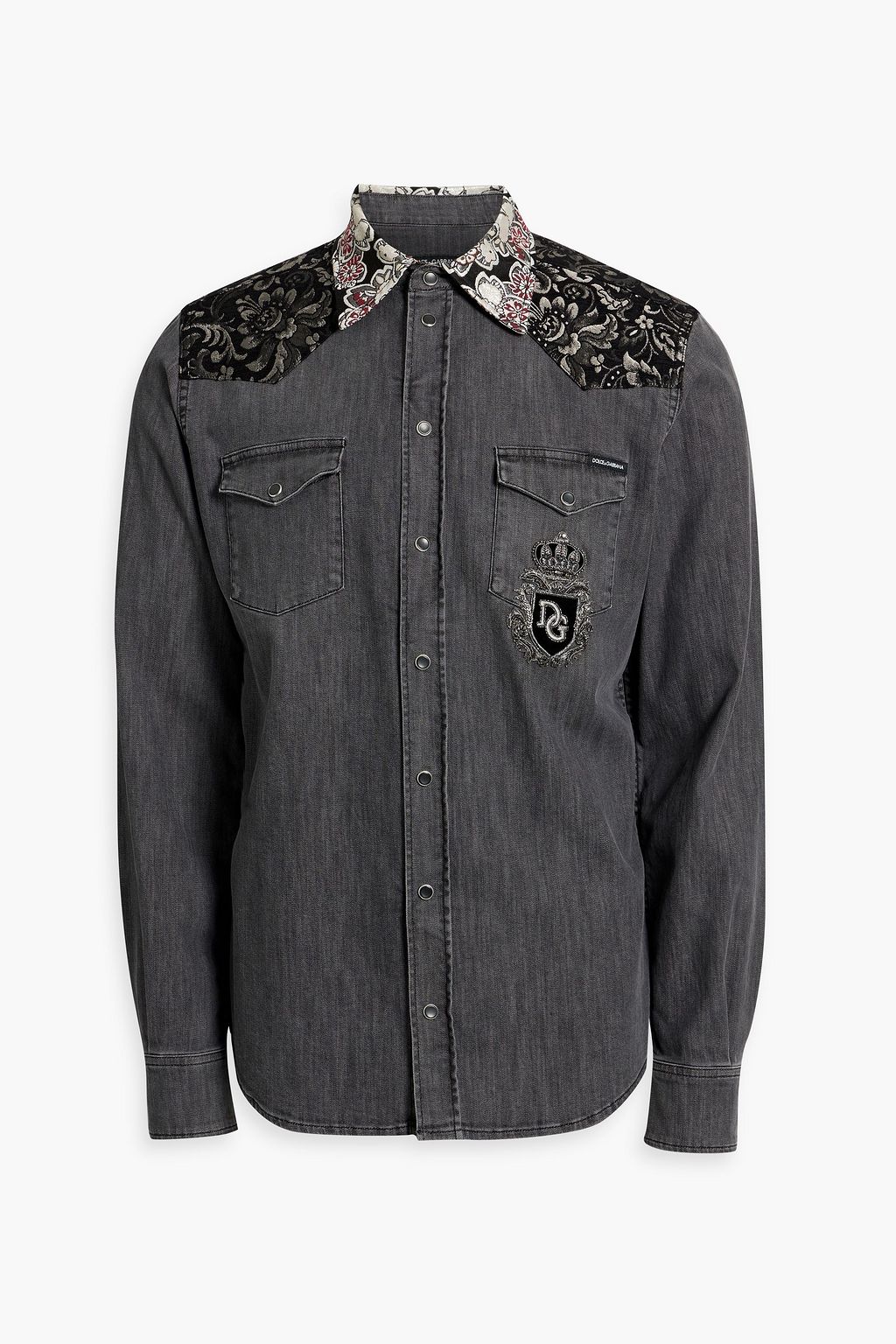 DOLCE GABBANA Embellished brocade paneled denim shirt THE OUTNET