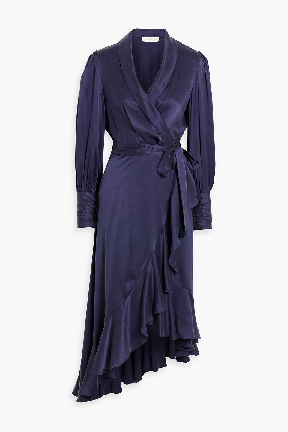 Zimmermann Ruffled Silk-satin Midi Wrap Dress In Navy