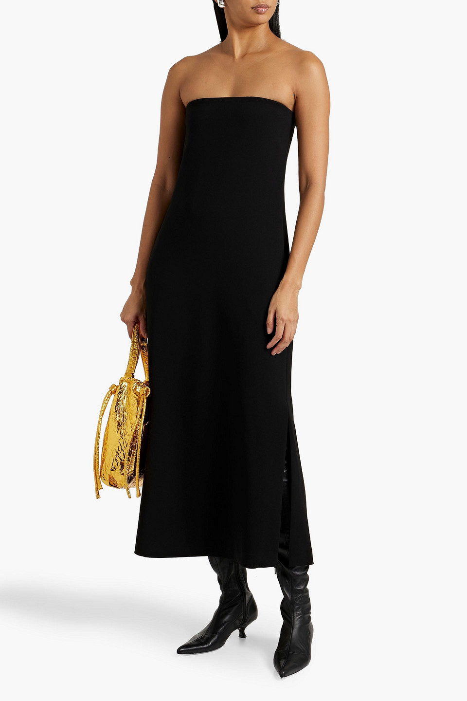 Theory Strapless Crepe Midi Dress In Black