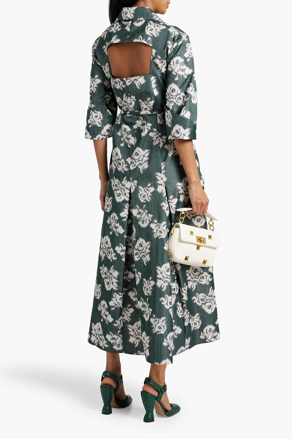 Shop Emilia Wickstead Tokyo Cutout Floral-print Faille Midi Shirt Dress In Grey Green