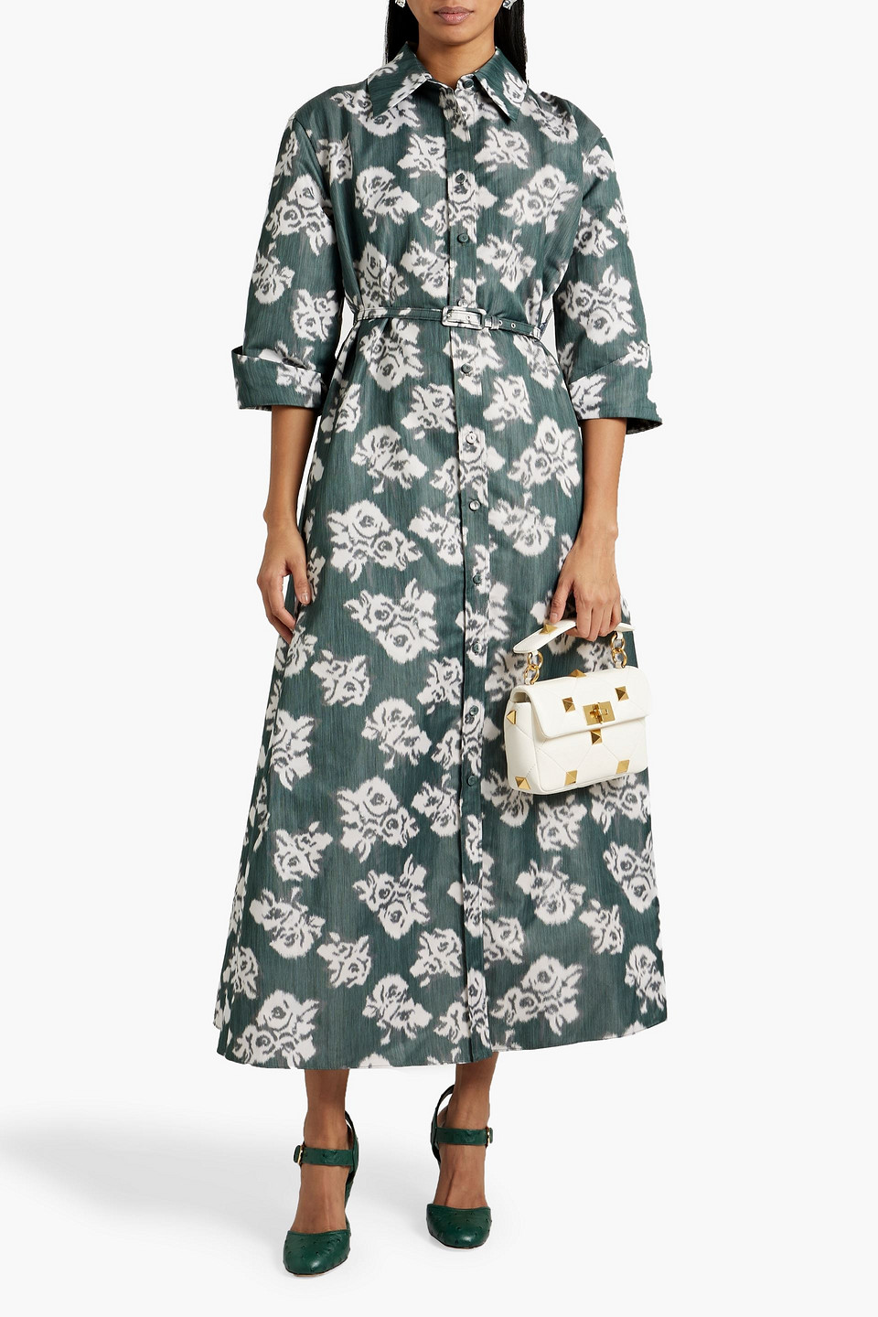 Shop Emilia Wickstead Tokyo Cutout Floral-print Faille Midi Shirt Dress In Grey Green