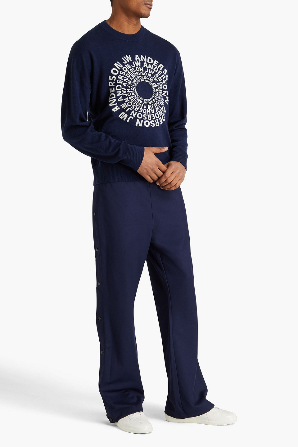 Shop Jw Anderson Jacquard-knit Merino Wool Sweater In Indigo