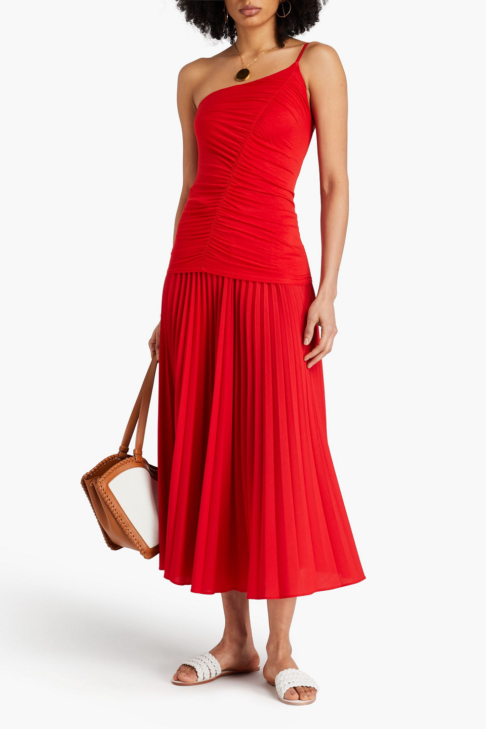 Enza Costa One Shoulder Ruched Tank In Blood Orange In Red