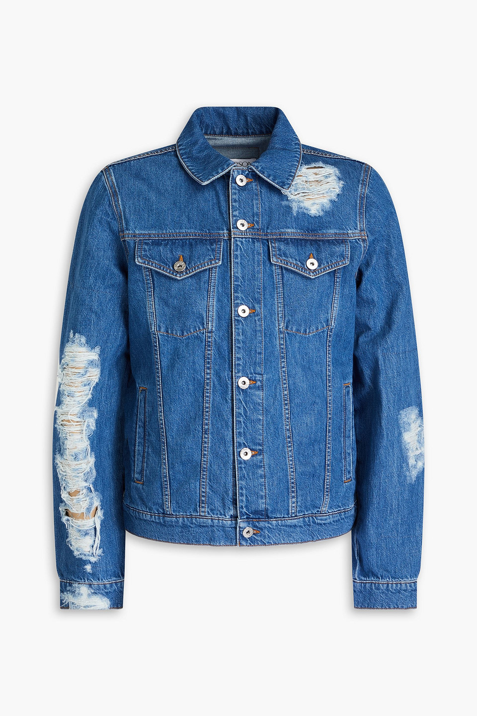 Shop Jw Anderson Distressed Denim Jacket In Mid Denim