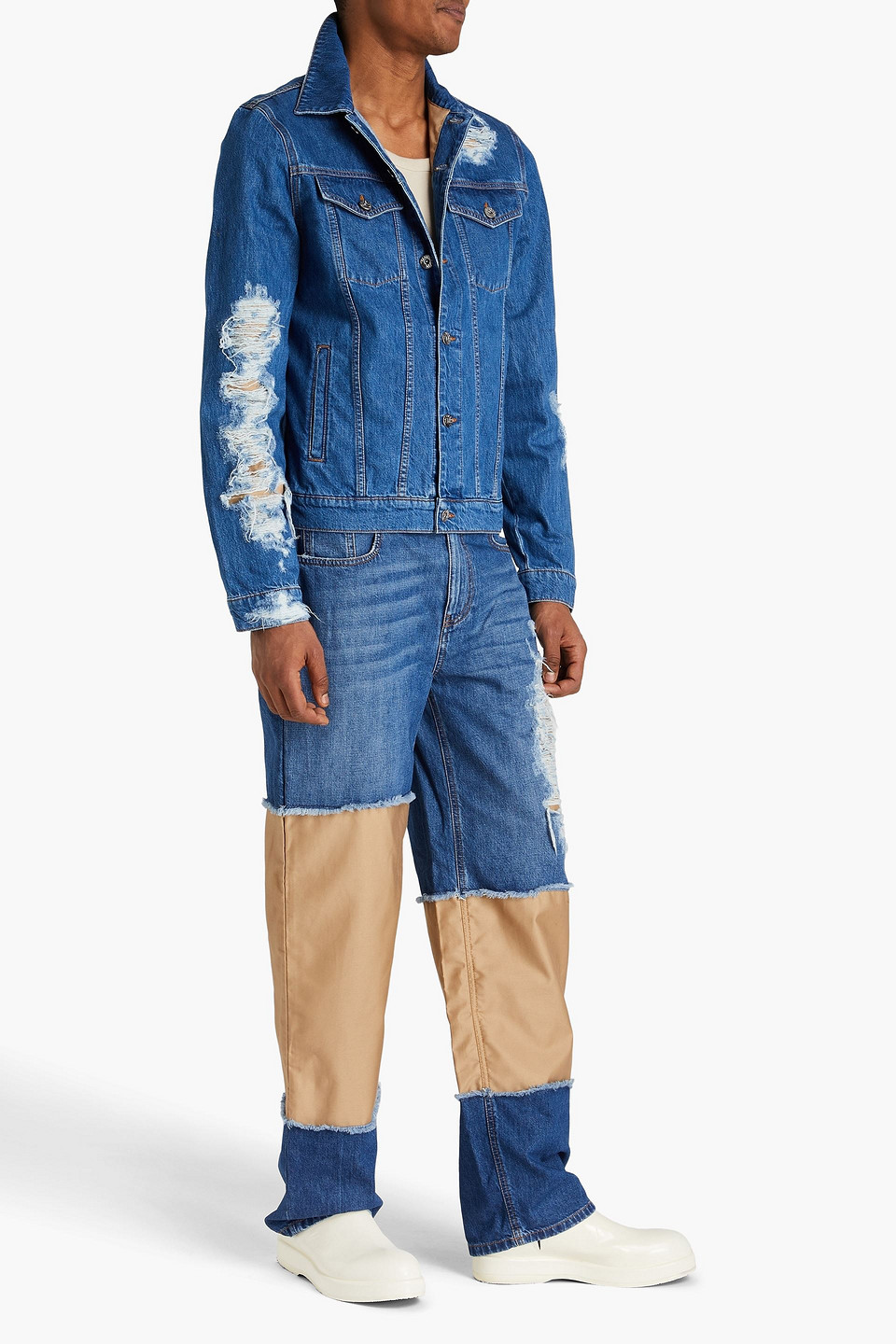 Shop Jw Anderson Distressed Denim Jacket In Mid Denim