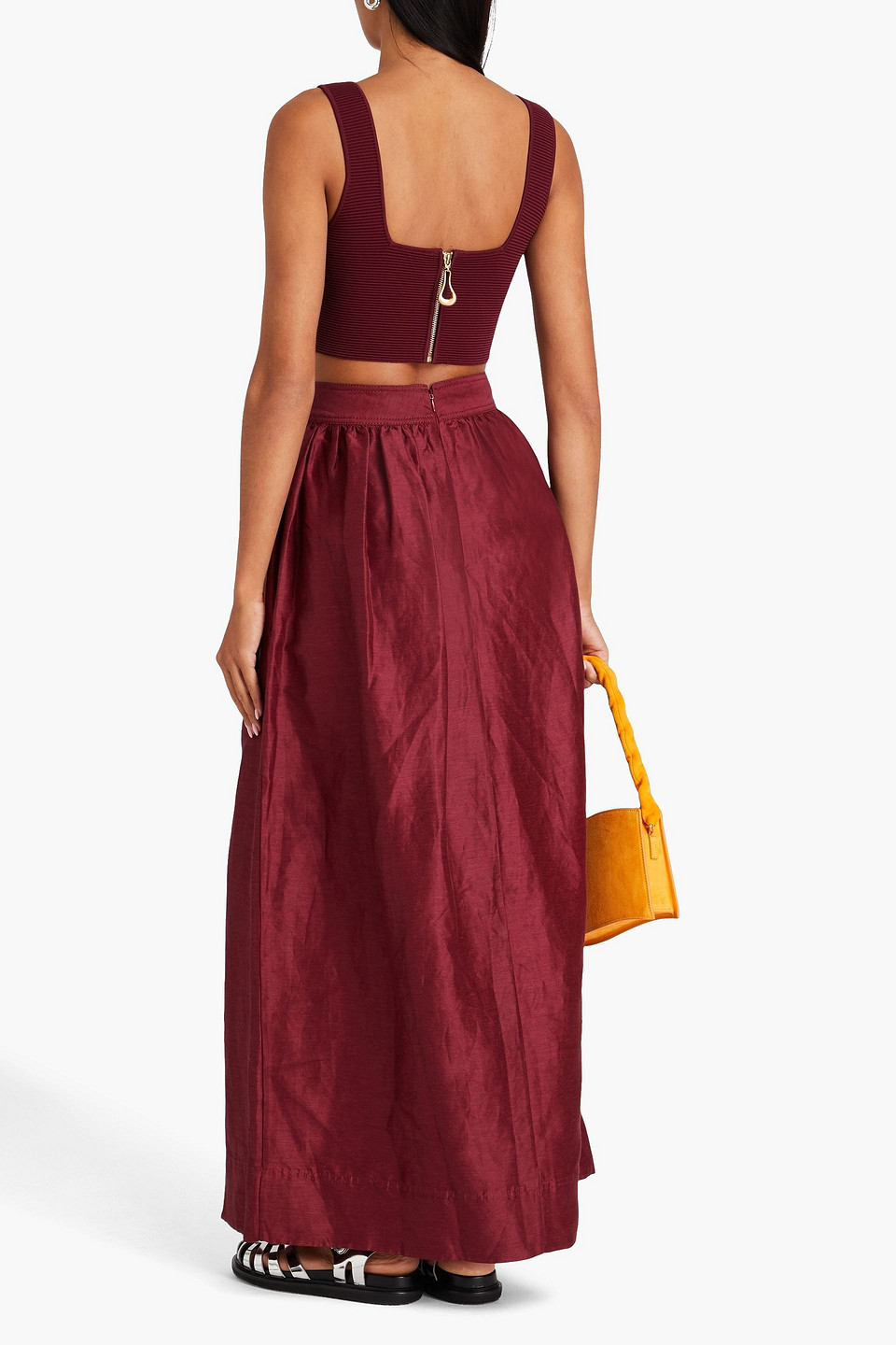 Shop Aje Mirabelle Wrap-effect Linen-blend Maxi Skirt In Burgundy