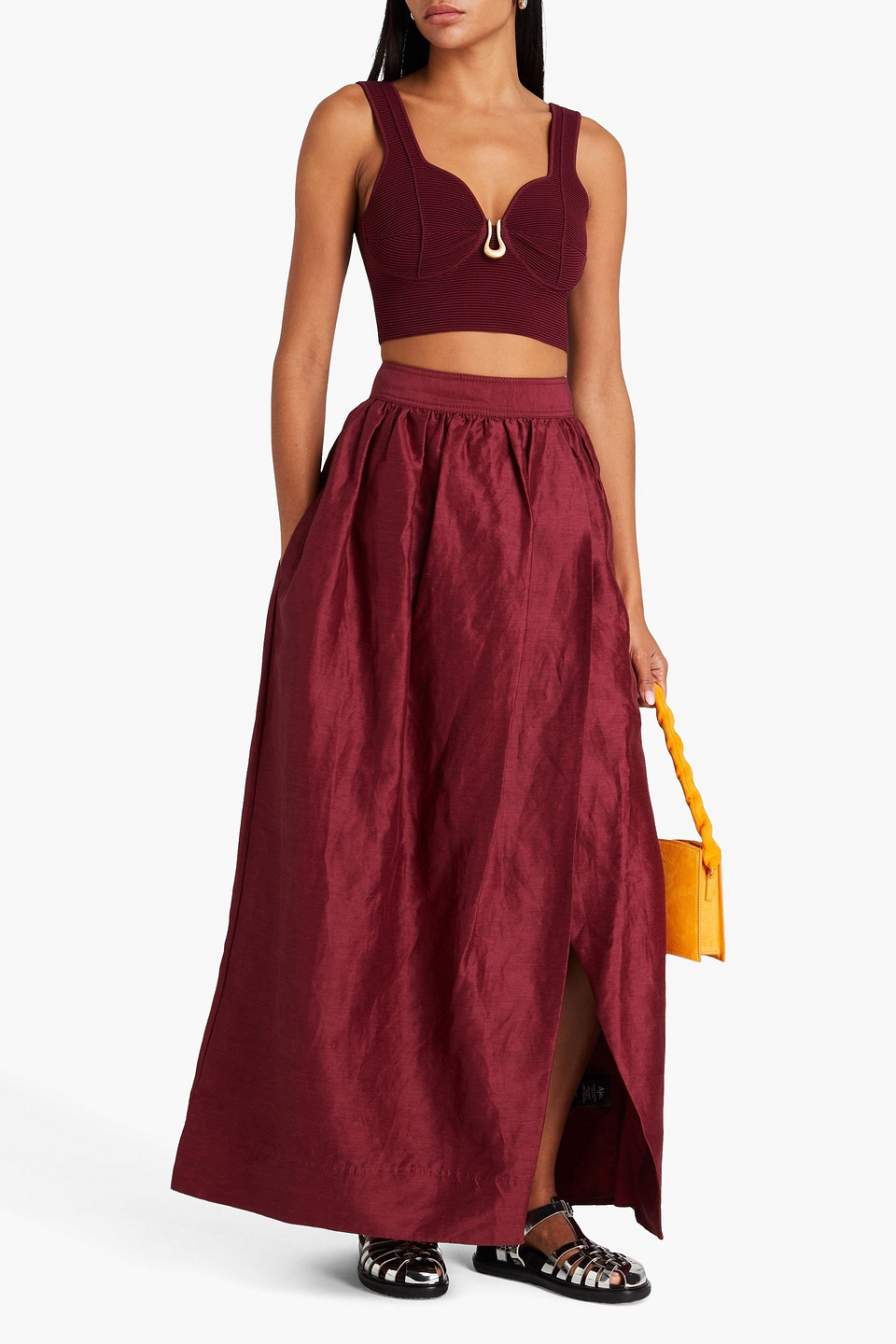 Shop Aje Mirabelle Wrap-effect Linen-blend Maxi Skirt In Burgundy