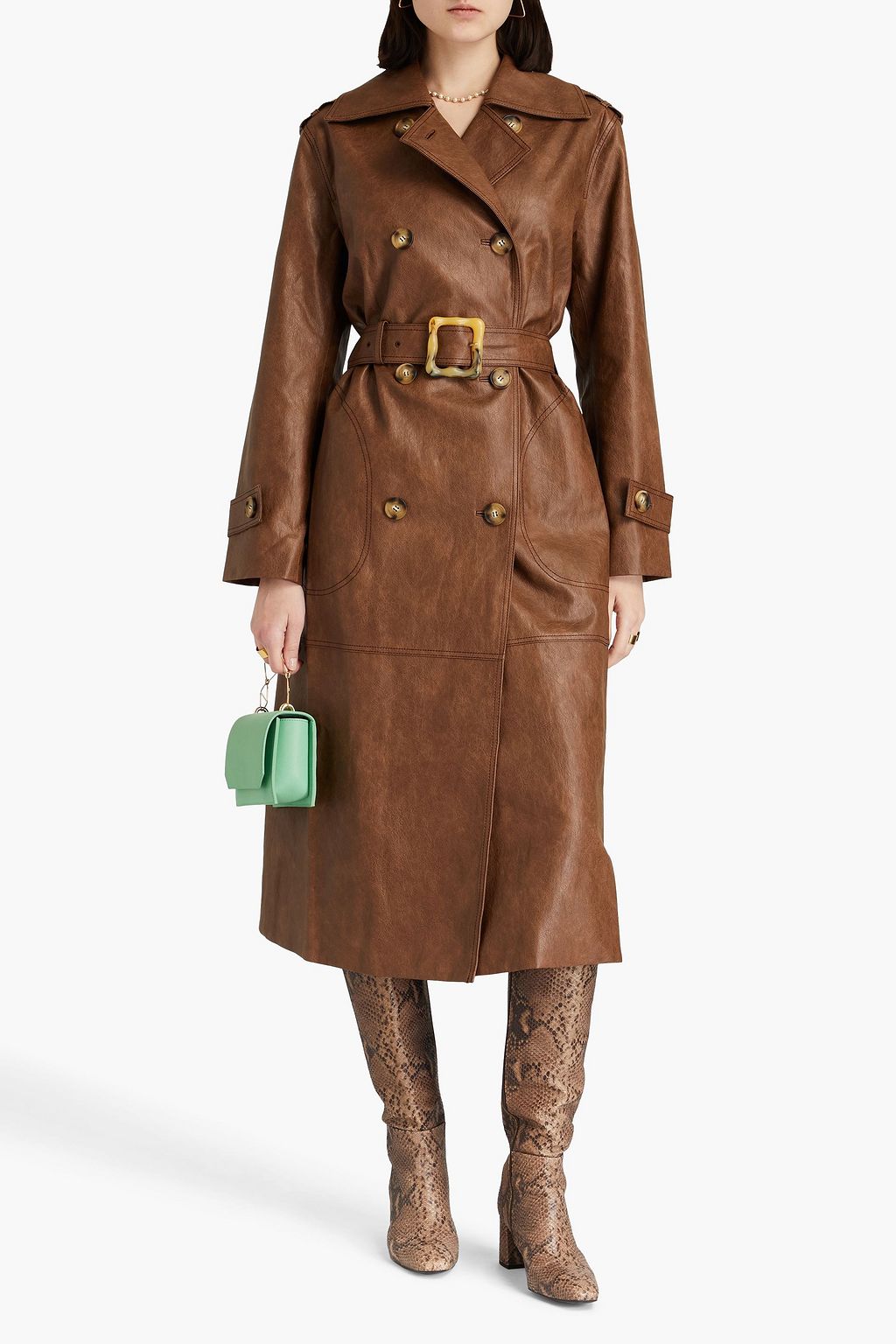 REJINA PYO Belted double-breasted faux leather trench coat