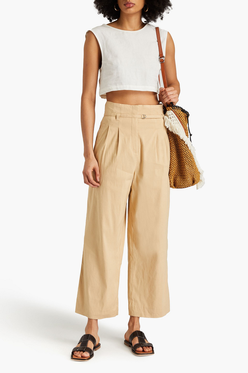 Shop Derek Lam 10 Crosby Linen-blend Wide-leg Pants In Beige